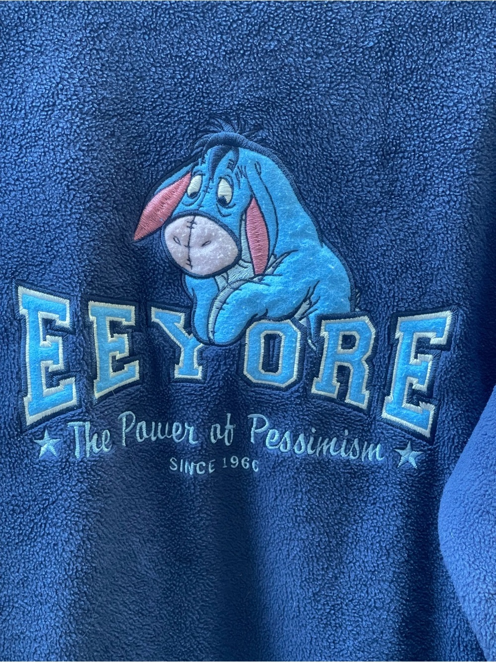 Vintage 90s Disney Store Eeyore "Power Of Pessimism" Navy Fleece Sweater S View 2